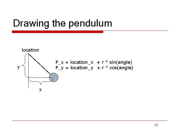 Drawing the pendulum location P_x = location_x + r * sin(angle) P_y = location_y