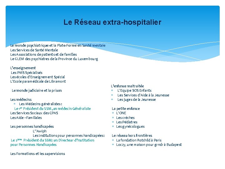 Le Réseau extra-hospitalier Le monde psychiatrique et la Plate-Forme en Santé mentale Les Services