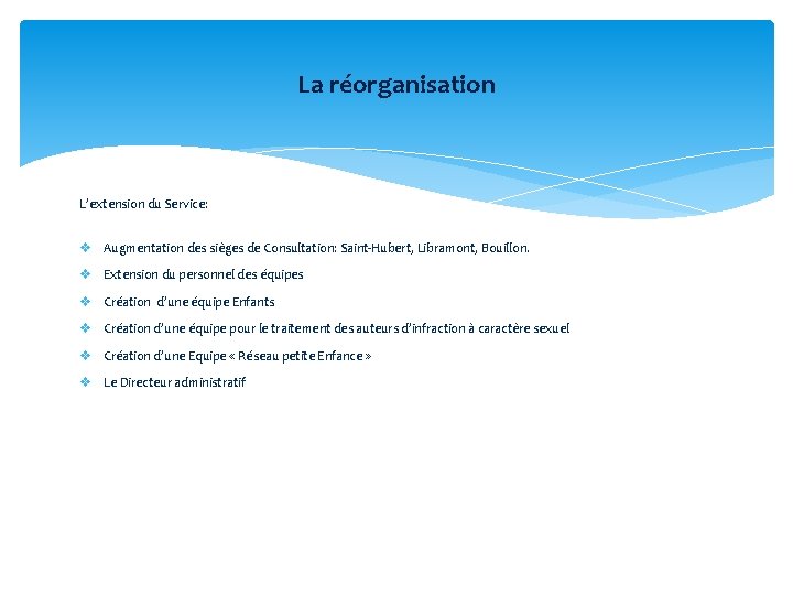 La réorganisation L’extension du Service: v Augmentation des sièges de Consultation: Saint-Hubert, Libramont, Bouillon.