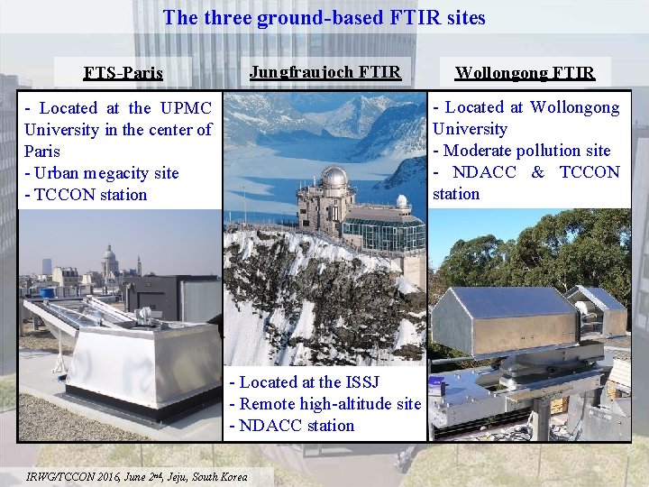 The three ground-based FTIR sites Jungfraujoch FTIR FTS-Paris Wollongong FTIR - Located at Wollongong