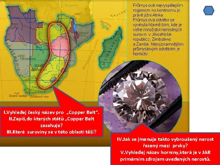 I. Vyhledej český název pro „Copper Belt“. II. Zapiš, do kterých států „Copper Belt