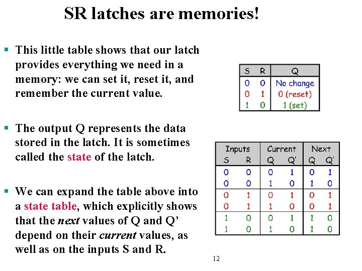 SR latches are memories! § This little table shows that our latch provides everything