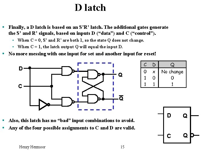 D latch § Finally, a D latch is based on an S’R’ latch. The