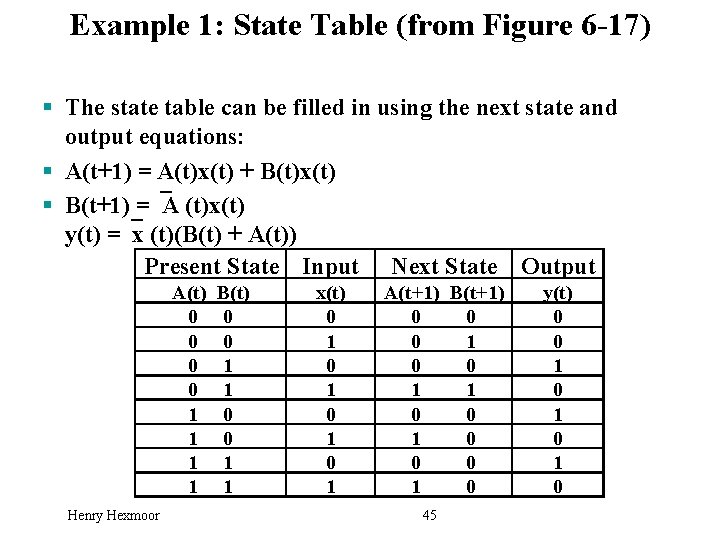 Example 1: State Table (from Figure 6 -17) § The state table can be