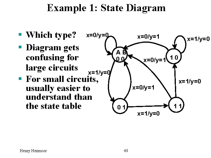 Example 1: State Diagram § Which type? x=0/y=0 § Diagram gets confusing for large