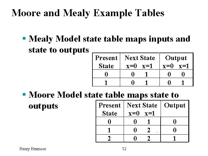 Moore and Mealy Example Tables § Mealy Model state table maps inputs and state