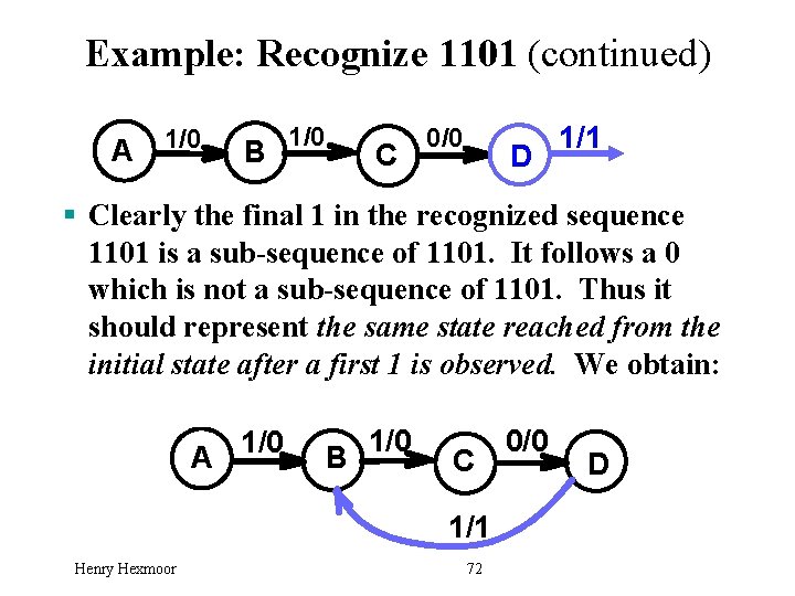 Example: Recognize 1101 (continued) A 1/0 B 1/0 C 0/0 D 1/1 § Clearly