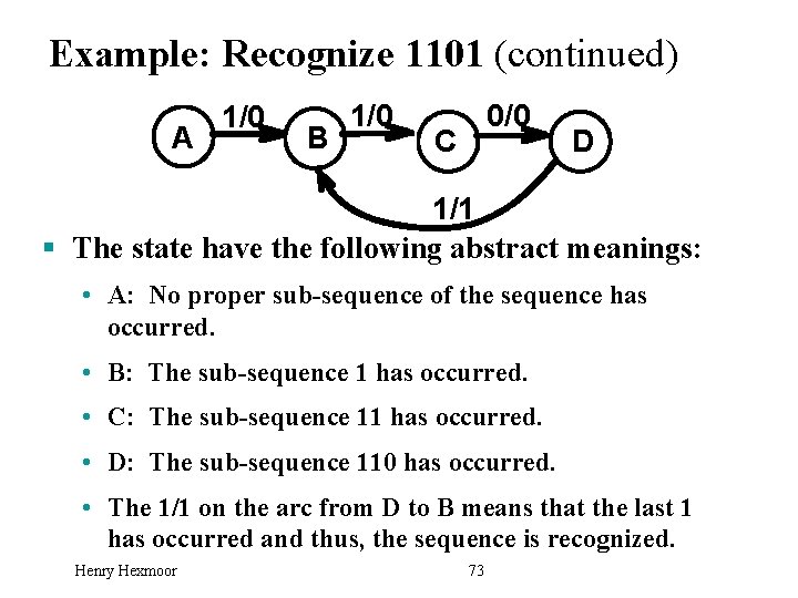 Example: Recognize 1101 (continued) A 1/0 B 1/0 0/0 C D 1/1 § The