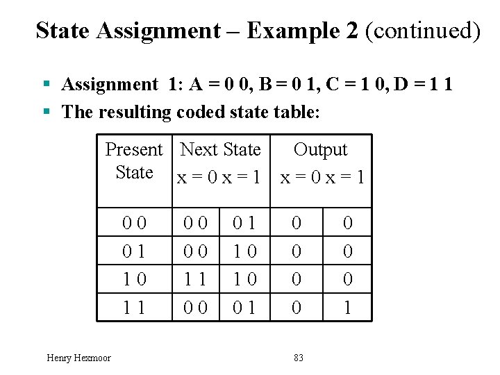 State Assignment – Example 2 (continued) § Assignment 1: A = 0 0, B