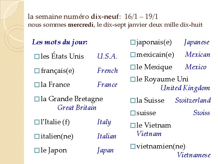 la semaine numéro dix-neuf: 16/1 – 19/1 nous sommes mercredi, le dix-sept janvier deux