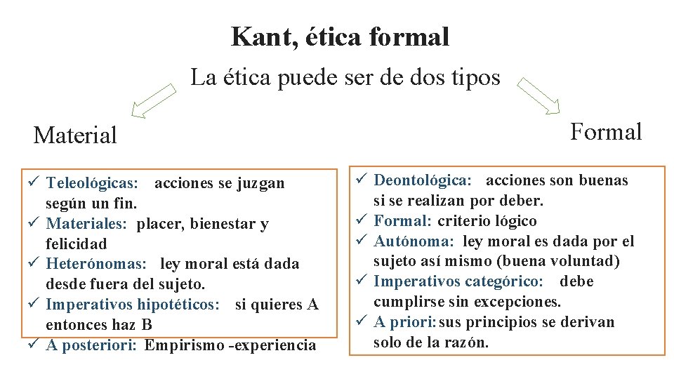 Kant, ética formal La ética puede ser de dos tipos Material ü Teleológicas: acciones