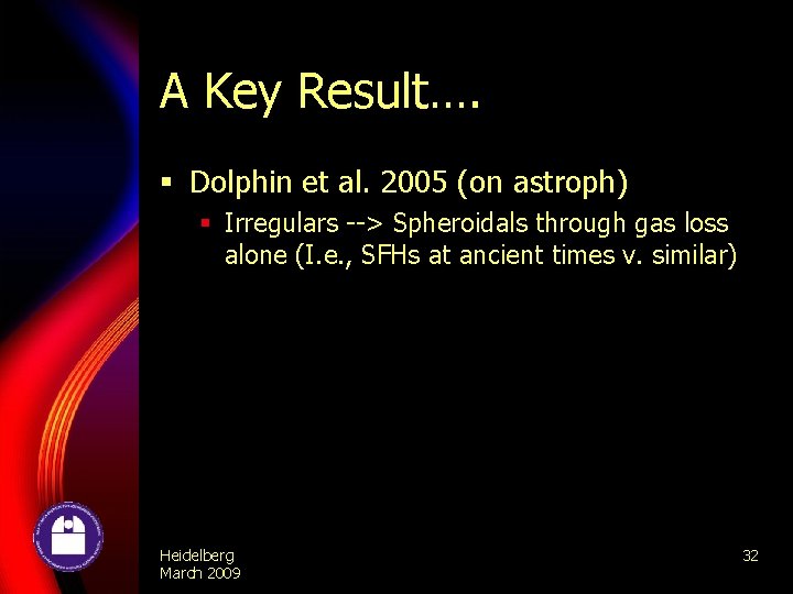 A Key Result…. § Dolphin et al. 2005 (on astroph) § Irregulars --> Spheroidals