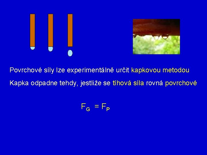 Povrchové síly lze experimentálně určit kapkovou metodou Kapka odpadne tehdy, jestliže se tíhová síla