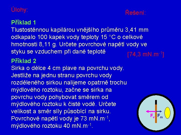 Úlohy: Řešení: Příklad 1 Tlustostěnnou kapilárou vnějšího průměru 3, 41 mm odkapalo 100 kapek