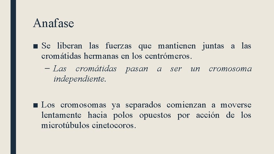 Anafase ■ Se liberan las fuerzas que mantienen juntas a las cromátidas hermanas en