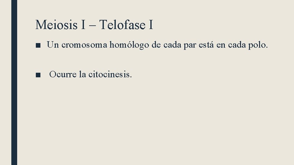 Meiosis I – Telofase I ■ Un cromosoma homólogo de cada par está en