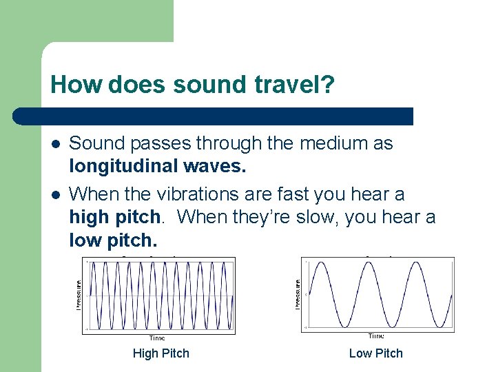 How does sound travel? l l Sound passes through the medium as longitudinal waves.