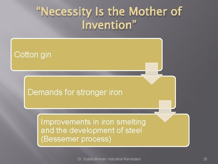 “Necessity Is the Mother of Invention” Cotton gin Demands for stronger iron Improvements in “Necessity Is the Mother of Invention” Cotton gin Demands for stronger iron Improvements in