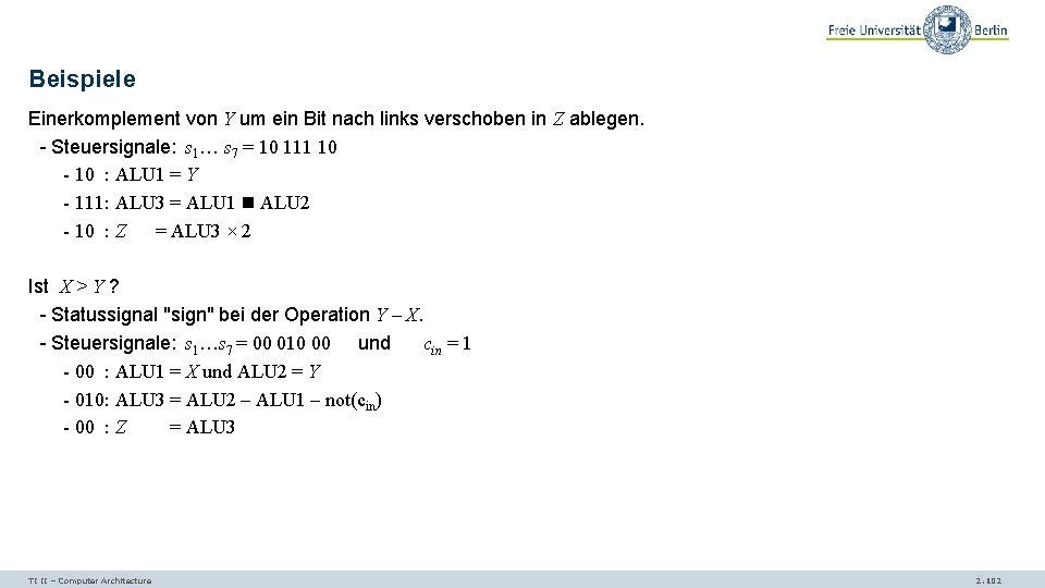 Beispiele Einerkomplement von Y um ein Bit nach links verschoben in Z ablegen. -