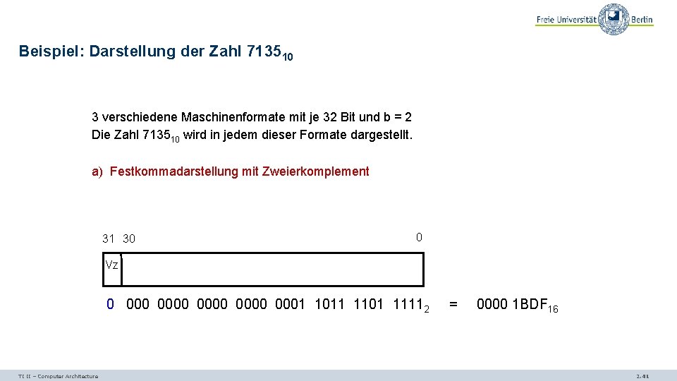 Beispiel: Darstellung der Zahl 713510 3 verschiedene Maschinenformate mit je 32 Bit und b