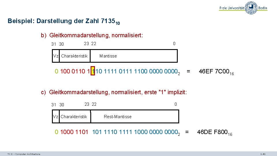 Beispiel: Darstellung der Zahl 713510 b) Gleitkommadarstellung, normalisiert: 31 30 23 22 Vz Charakteristik