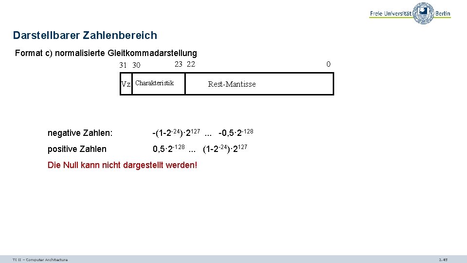 Darstellbarer Zahlenbereich Format c) normalisierte Gleitkommadarstellung 23 22 31 30 Vz Charakteristik 0 Rest-Mantisse
