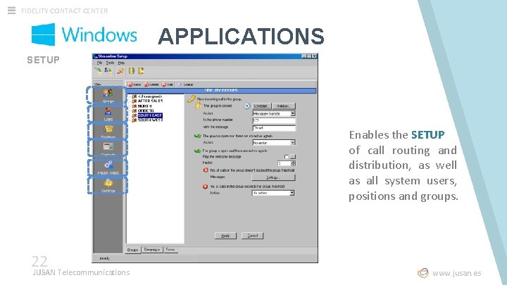 FIDELITY CONTACT CENTER APPLICATIONS SETUP Enables the SETUP of call routing and distribution, as