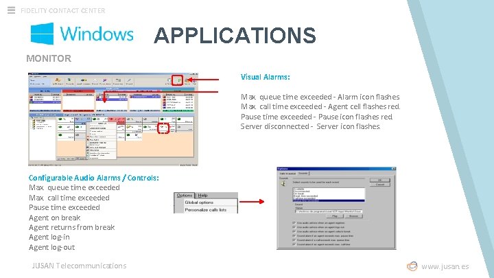 FIDELITY CONTACT CENTER APPLICATIONS MONITOR Visual Alarms: Max. queue time exceeded - Alarm icon