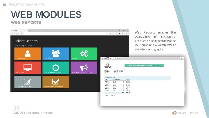 FIDELITY CONTACT CENTER WEB MODULES WEB REPORTS 39 JUSAN Telecommunications Web Reports enables the