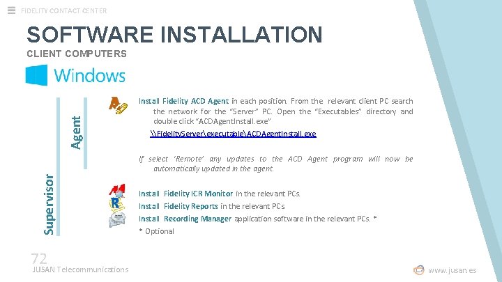 FIDELITY CONTACT CENTER SOFTWARE INSTALLATION Agent CLIENT COMPUTERS Install Fidelity ACD Agent in each