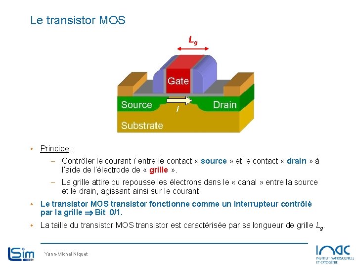 Le transistor MOS Lg I • Principe : – Contrôler le courant I entre Le transistor MOS Lg I • Principe : – Contrôler le courant I entre