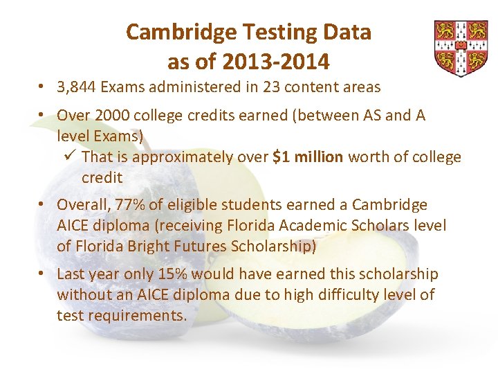 Cambridge Testing Data as of 2013 -2014 • 3, 844 Exams administered in 23