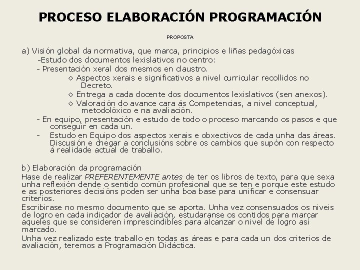 PROCESO ELABORACIÓN PROGRAMACIÓN PROPOSTA a) Visión global da normativa, que marca, principios e liñas PROCESO ELABORACIÓN PROGRAMACIÓN PROPOSTA a) Visión global da normativa, que marca, principios e liñas