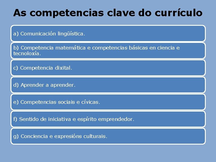 As competencias clave do currículo a) Comunicación lingüística. b) Competencia matemática e competencias básicas As competencias clave do currículo a) Comunicación lingüística. b) Competencia matemática e competencias básicas