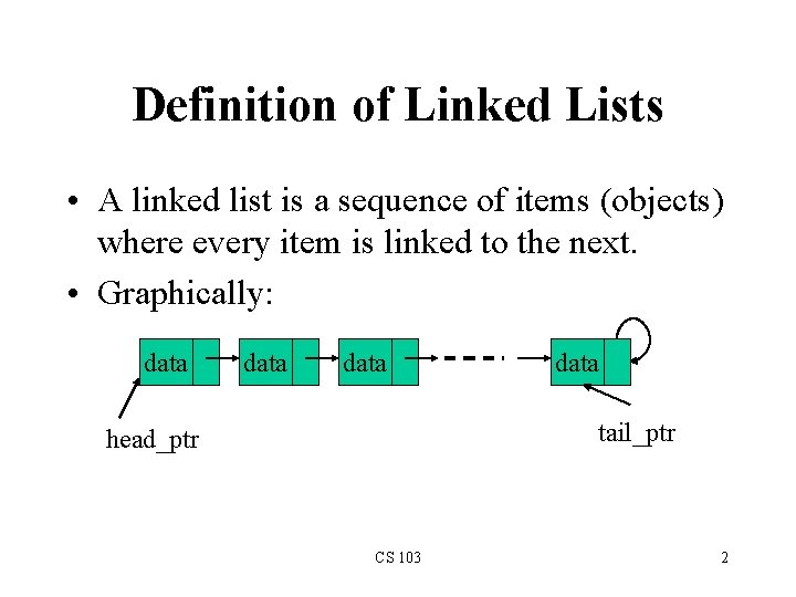 Definition of Linked Lists • A linked list is a sequence of items (objects)