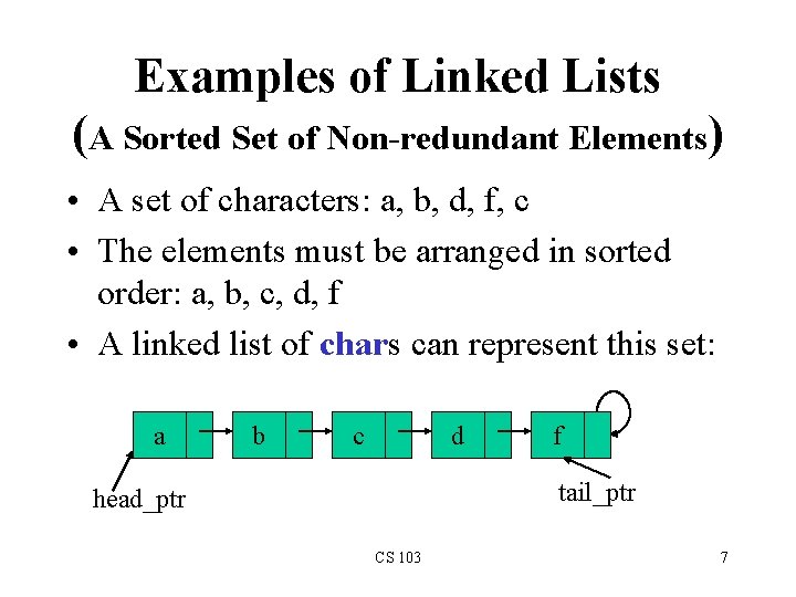 Examples of Linked Lists (A Sorted Set of Non-redundant Elements) • A set of