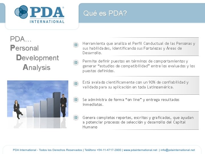 Qué es PDA? PDA… Personal Development Analysis Herramienta que analiza el Perfil Conductual de