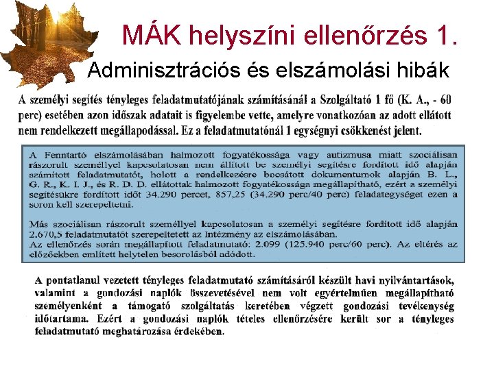 MÁK helyszíni ellenőrzés 1. Adminisztrációs és elszámolási hibák 