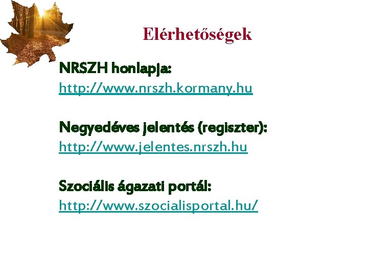 Elérhetőségek NRSZH honlapja: http: //www. nrszh. kormany. hu Negyedéves jelentés (regiszter): • Szerződésmódosítás http: