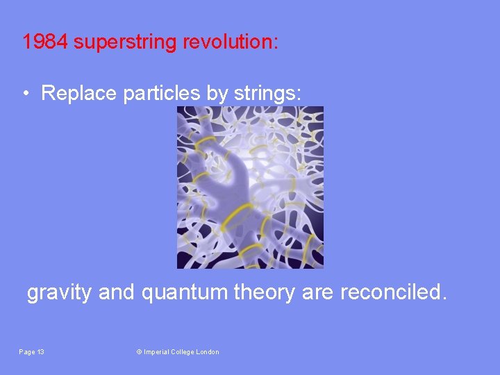 1984 superstring revolution: • Replace particles by strings: gravity and quantum theory are reconciled.