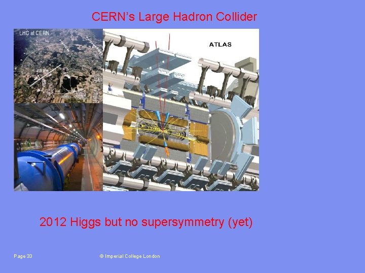 CERN’s Large Hadron Collider 2012 Higgs but no supersymmetry (yet) Page 33 © Imperial