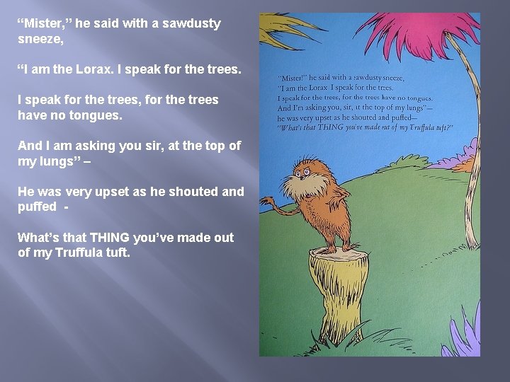 “Mister, ” he said with a sawdusty sneeze, “I am the Lorax. I speak