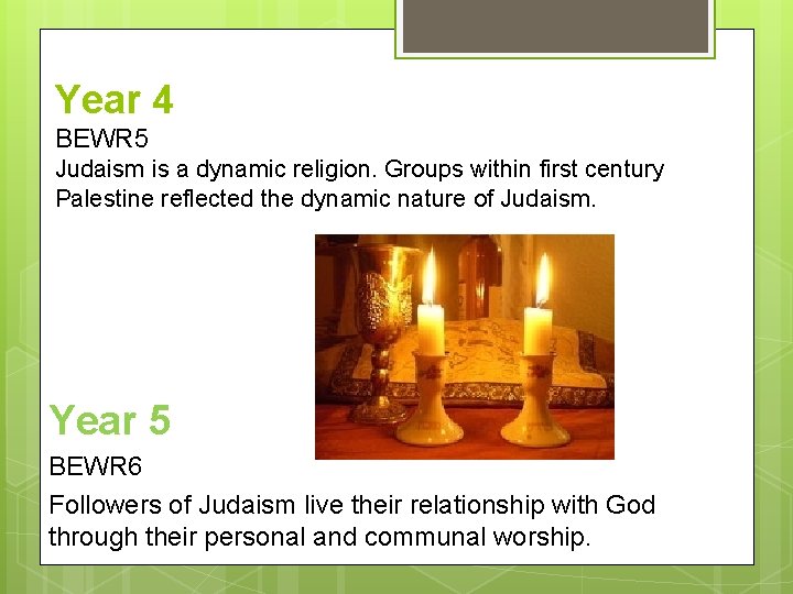Year 4 BEWR 5 Judaism is a dynamic religion. Groups within first century Palestine