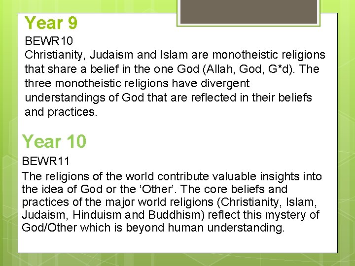 Year 9 BEWR 10 Christianity, Judaism and Islam are monotheistic religions that share a