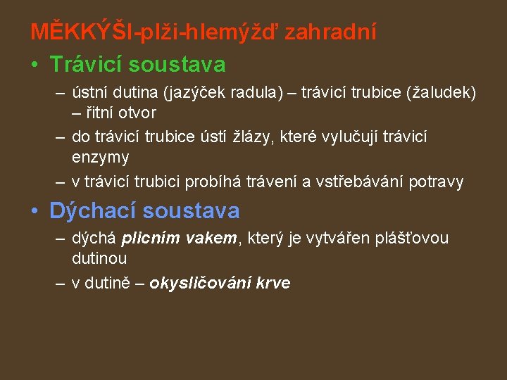 MĚKKÝŠI-plži-hlemýžď zahradní • Trávicí soustava – ústní dutina (jazýček radula) – trávicí trubice (žaludek) MĚKKÝŠI-plži-hlemýžď zahradní • Trávicí soustava – ústní dutina (jazýček radula) – trávicí trubice (žaludek)