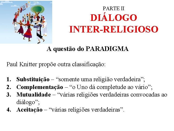 PARTE II DIÁLOGO INTER-RELIGIOSO A questão do PARADIGMA Paul Knitter propõe outra classificação: 1.