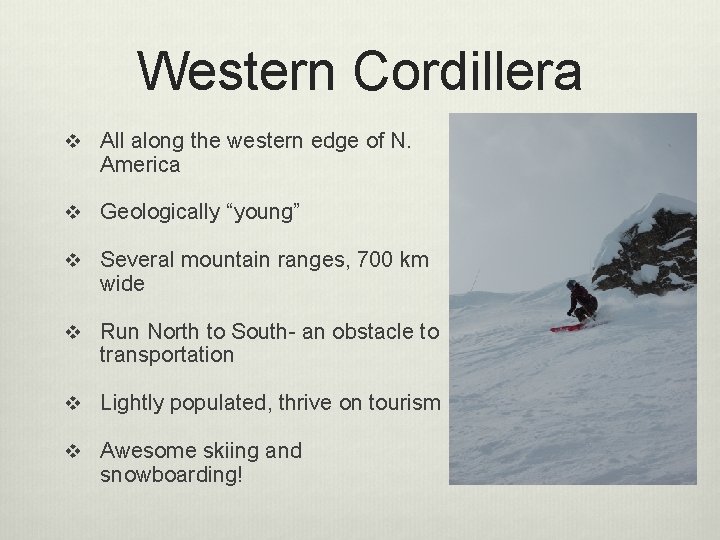Western Cordillera v All along the western edge of N. America v Geologically “young”