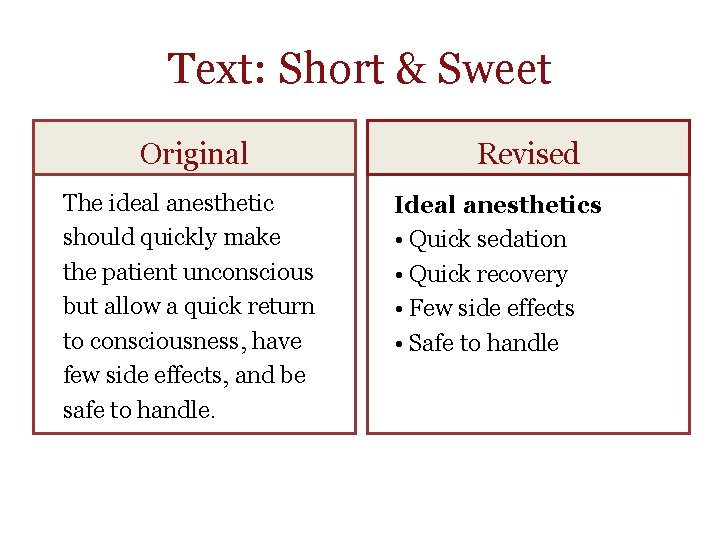 Text: Short & Sweet Original The ideal anesthetic should quickly make the patient unconscious