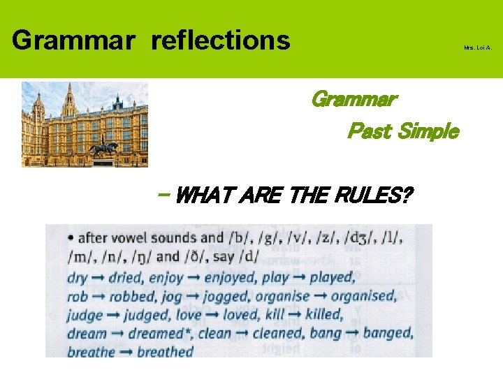 Grammar reflections Mrs. Loi A. Grammar Past Simple - WHAT ARE THE RULES? 