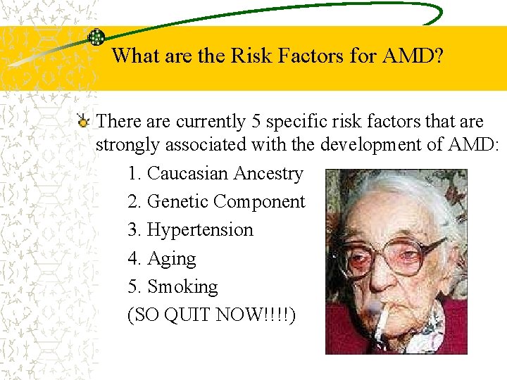 What are the Risk Factors for AMD? There are currently 5 specific risk factors